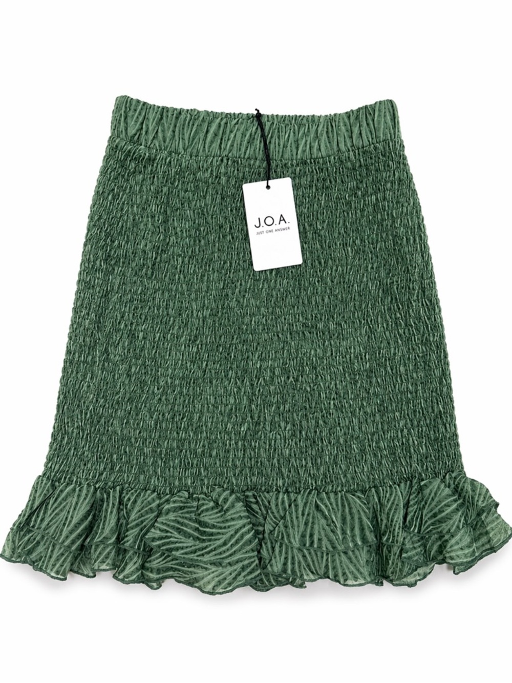 J.O.A. Dark Green Smocked Mini Skirt with Ruffle Hem